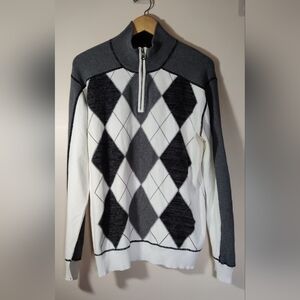BKE Athletic Fit Mens L Large 1/4 Zip Pullover Sweater Gray White Argyle Cotton